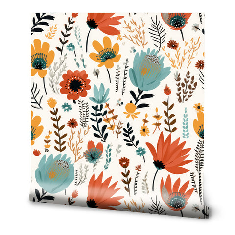 Floral wallpaper with orange, yellow, and teal flowers and dark brown leaves on a light cream base, with a hand-painted botanical style.