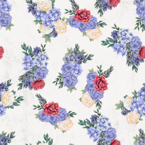 Floral wallpaper with purple hydrangeas, red peonies, and cream roses on a soft white background with a subtle texture.