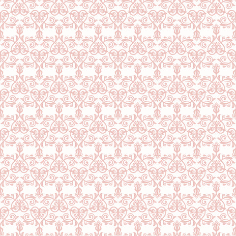 Soft pink ornamental wallpaper with a classic symmetrical design on a white background, ideal for bedrooms or living spaces.