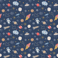 removable wallpaper with a space-themed pattern, featuring rockets, planets, and stars on a blue background.