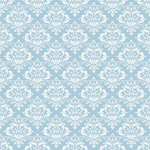 Blue wallpaper with a repeating white damask motif, creating a traditional and elegant look for bedrooms or living areas.
