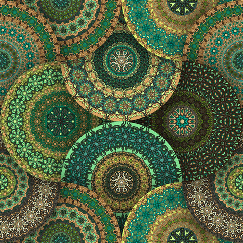 Wallpaper made of overlapping decorative mandala-style circles with intricate geometric patterns in shades of green, teal, brown, and gold on a dark background
