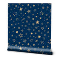 Removable wallpaper featuring a dark blue background with a pattern of golden stars.