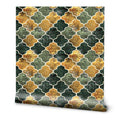 Luxury Moroccan tile wallpaper in green, gold and grey geometric pattern roll