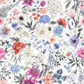 Floral wallpaper with multicolor blooms in pink, blue, purple, orange, and white, accented by black and gray leaves on a white background, in a botanical illustration style.