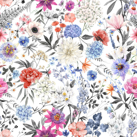 Floral wallpaper with multicolor blooms in pink, blue, purple, orange, and white, accented by black and gray leaves on a white background, in a botanical illustration style.