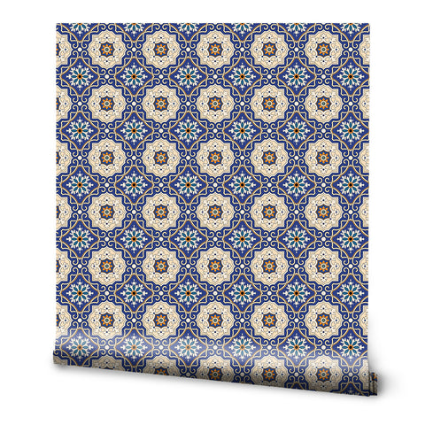 Ornamental Tiles Removable Wallpaper - Blue & Beige
