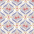 
Red and blue floral wallpaper with beige and lavender accents, ideal for bedroom or living room walls