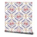 
Red and blue floral wallpaper with beige and lavender accents, ideal for bedroom or living room walls