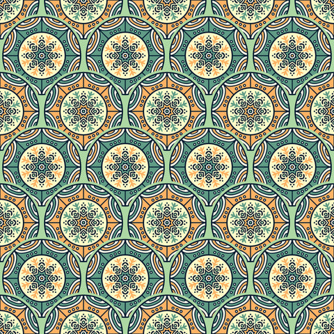 Repeating ornamental wallpaper pattern with circular mandala-like motifs in teal, beige, and black, surrounded by interwoven geometric shapes