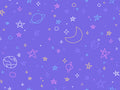 A colorful wallpaper featuring a pattern with stars, planets, and geometric shapes on a purple background.