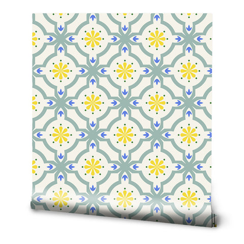 Persian Petals Tile Removable Wallpaper - Blue & Yellow