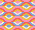 A colorful retro wallpaper featuring a pattern of psychedelic curves in red, blue, and yellow on a pink background.