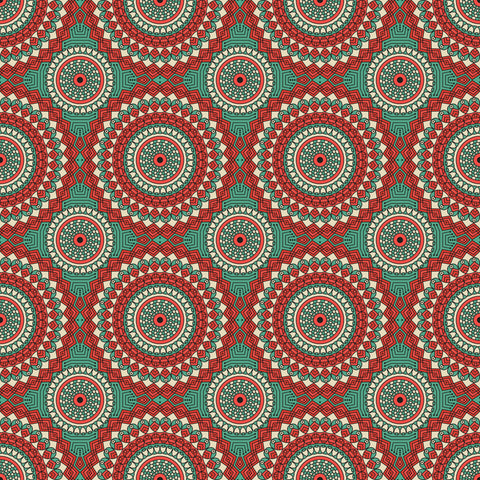 Patterned fabric with red and green geometric design on a beige background wallpaper