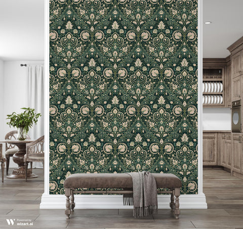 Dark Green Damask Removable Wallpaper