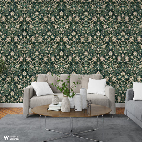Dark Green Damask Removable Wallpaper