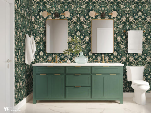 Dark Green Damask Removable Wallpaper
