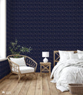  removable wallpaper with a pattern featuring tarot cards, potions, and other mystical symbols on a dark blue background.