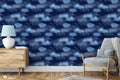 removable wallpaper featuring a pattern of stars and clouds on a blue background.