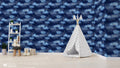 removable wallpaper featuring a pattern of stars and clouds on a blue background.