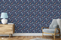 removable wallpaper with a space-themed pattern, featuring rockets, planets, and stars on a blue background.