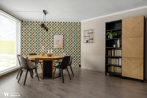 
Modern dining room with patterned orange and blue wallpaper, wooden table, black chairs, and bookshelf decor