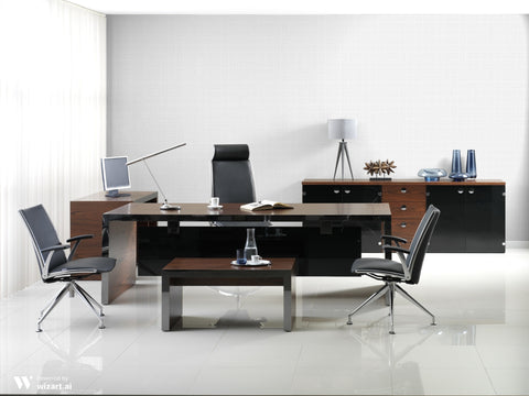 Modern office interior with minimalist white grid wallpaper behind executive desk and black leather chairs
