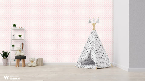 Light pink wallpaper with heart and floral motifs shown in a children’s playroom with a white teepee tent and soft toy decor.