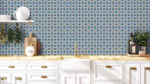Middle Eastern Mosaic Removable Wallpaper - Teal, Blue, & Orange