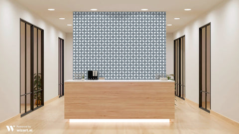 Gray and white geometric wallpaper with star-shaped motifs displayed in a clean, modern office reception area with light wood finishes.