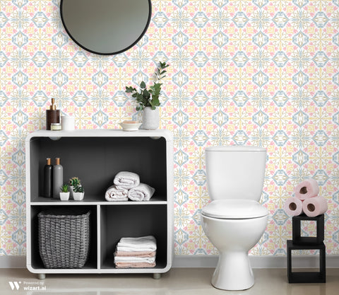 Alt text:
Bathroom interior with floral patterned wallpaper in pink, yellow, and blue tones, featuring a white toilet, mirror, and storage shelf with towels