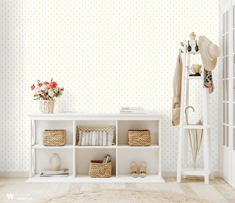 White wallpaper with yellow crescent moon and star pattern displayed in a light entryway featuring wicker storage baskets and minimal decor.