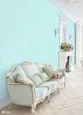 Light blue damask wallpaper displayed in a classic living room with vintage furniture and ornate white details.