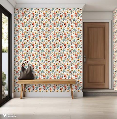 Colorful floral wallpaper with orange, mustard, and teal flowers and brown leaves on a light cream background, shown in a modern entryway with a wooden bench and neutral decor
