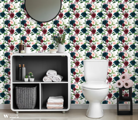 Watercolor floral wallpaper with navy, burgundy, and blush pink roses and green foliage, shown in a modern bathroom setting with white and gray decor