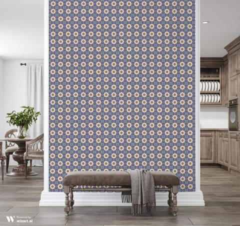 Ornamental Tiles Removable Wallpaper - Blue & Beige