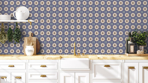 Ornamental Tiles Removable Wallpaper - Blue & Beige