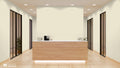 Modern office reception with light beige wallpaper featuring a fine dotted pattern behind a wooden desk