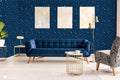 Removable wallpaper featuring a dark blue background with a pattern of golden stars.

