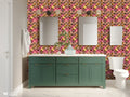 Bathroom interior with Moroccan tile wallpaper in copper, red and brown geometric pattern behind vanity and mirrors