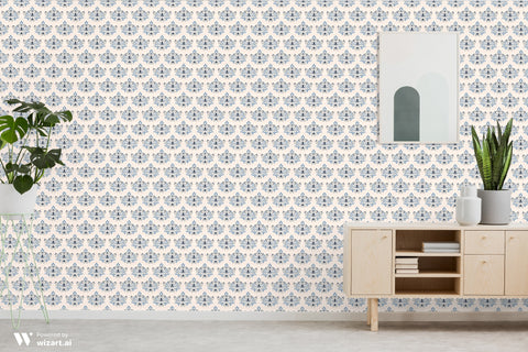 
Blue and gray damask wallpaper in a modern living room with light wooden furniture and green plants