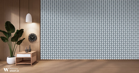 Gray and white geometric wallpaper with a watercolor texture shown in a contemporary room with light wood accents and minimalist decor.