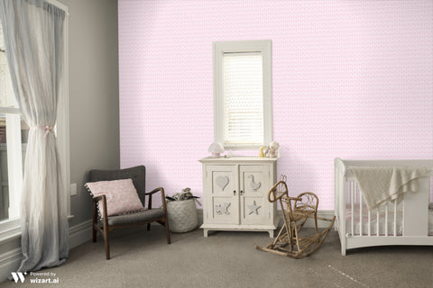 Soft pink ornamental wallpaper shown in a baby’s nursery with neutral furnishings and a cozy, classic design.