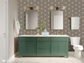 Bathroom with green vanity, mirrors, and patterned wallpaper