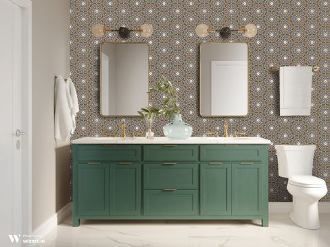 Bathroom with green vanity, mirrors, and patterned wallpaper