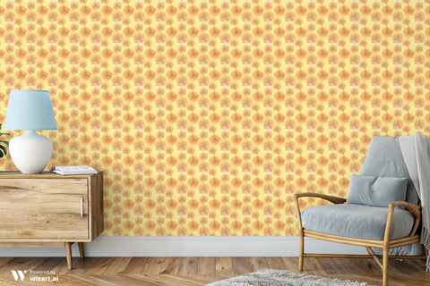 Modern interior with wooden cabinet and blue armchair against yellow wallpaper with orange floral mandala pattern