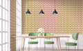 Dining room with vintage wallpaper featuring red floral damask pattern on beige background