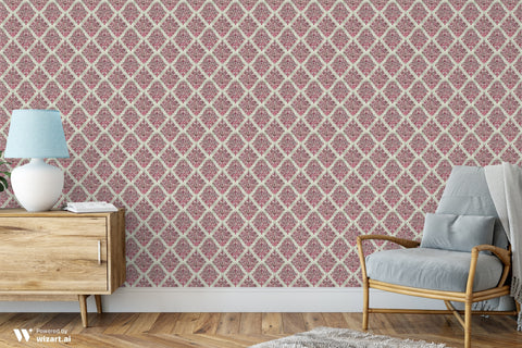 Living room with red and beige diamond patterned wallpaper and modern furniture including wooden cabinet, lamp and armchair