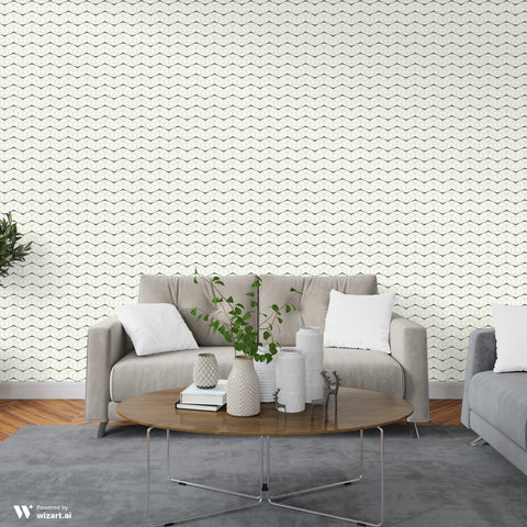 Living room with light wavy line wallpaper behind modern sofa and coffee table