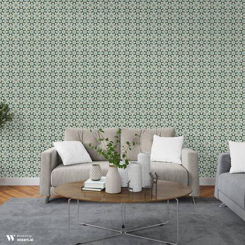 Living room with grey sofa and feature wall decorated with kaleidoscope geometric wallpaper in beige, blue, and black pattern